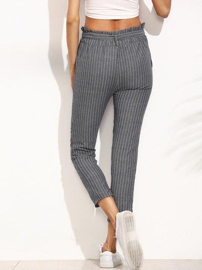 Pinstripe Frill Waist Self Tie Pants-bottom-Des Mess