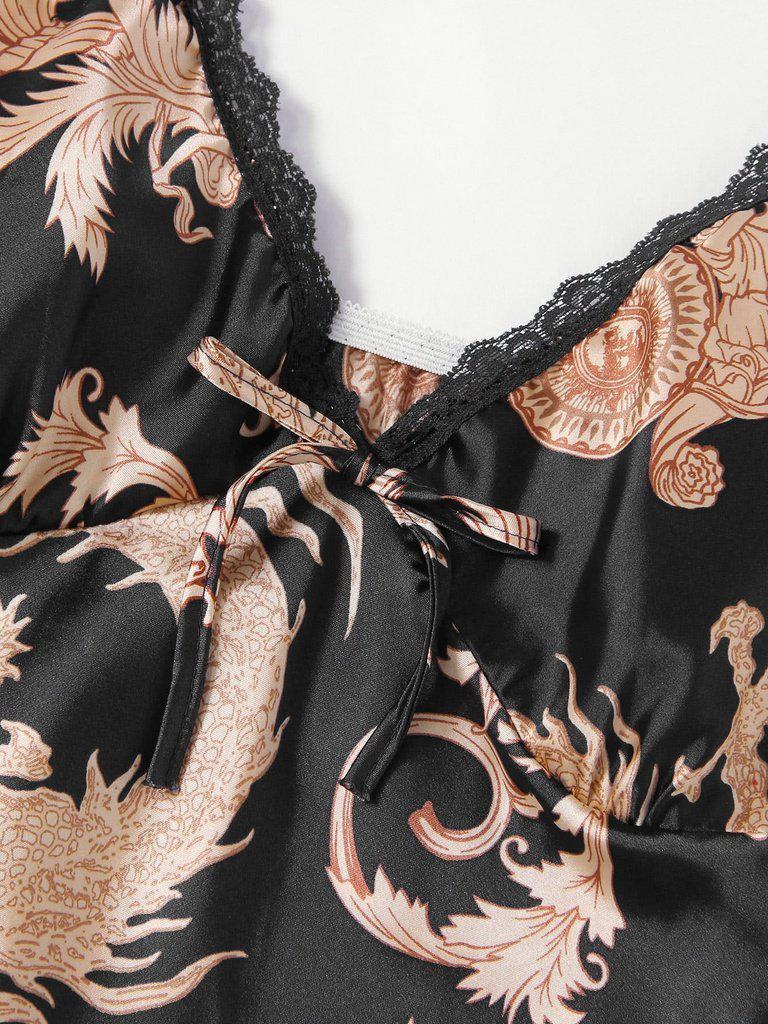 Graphic Print Satin Pajama Set-loungewear-Des Mess