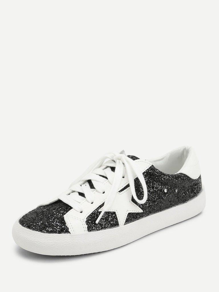 Star Patch Glitter Lace Up Sneakers-shoes-Des Mess