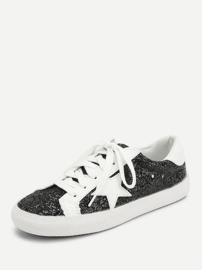 Star Patch Glitter Lace Up Sneakers-shoes-Des Mess