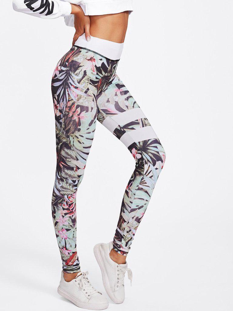 Floral Print Striped Skinny Leggings-bottom-Des Mess
