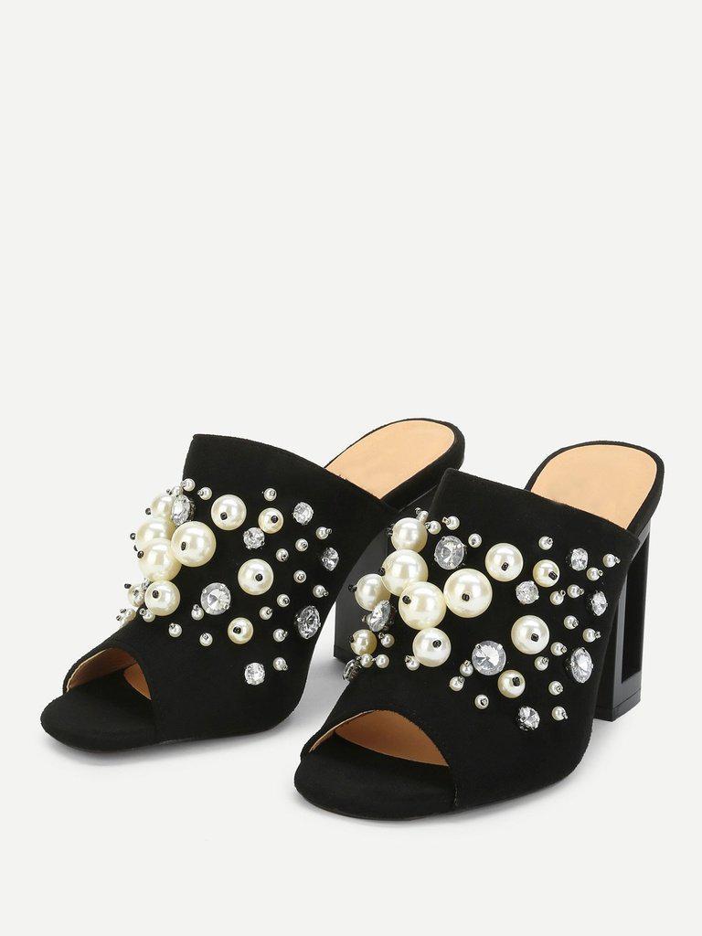 Faux Pearl Decorated Chunky Heeled Mules-shoes-Des Mess