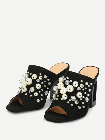 Faux Pearl Decorated Chunky Heeled Mules-shoes-Des Mess
