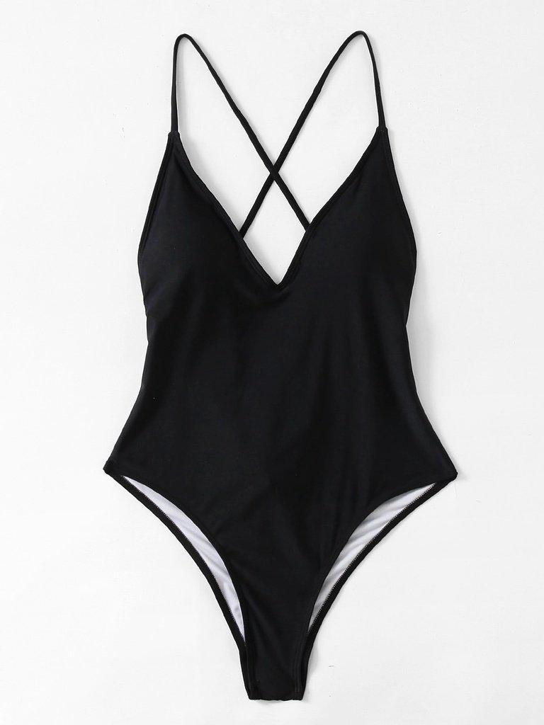 Cross Back Ruched Detail Plunge Swimsuit-swimwear-Des Mess