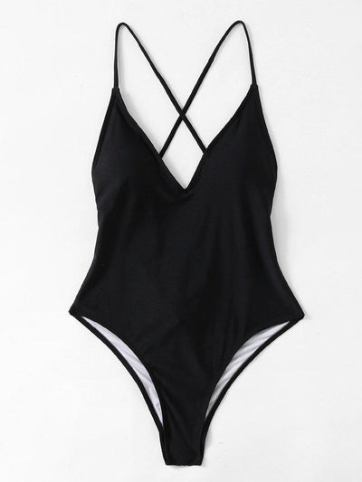 Cross Back Ruched Detail Plunge Swimsuit-swimwear-Des Mess