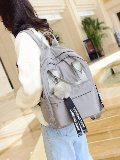 Slogan Ribbon & Pom Pom Decor Backpack-accessories-Des Mess