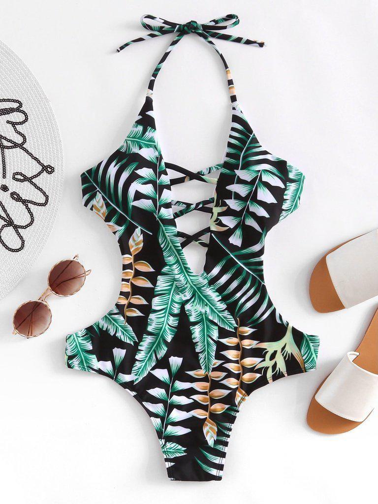 Tropical Print Plunge Neckline Monokini-swimwear-Des Mess