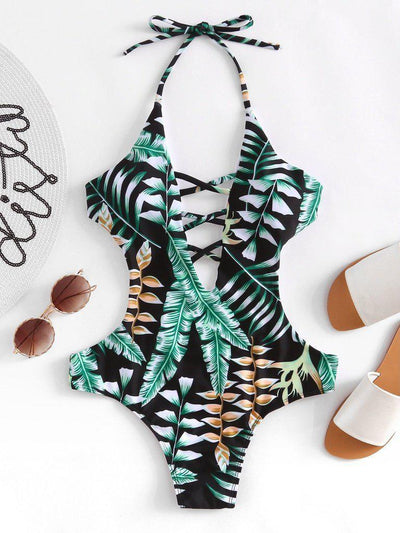 Tropical Print Plunge Neckline Monokini-swimwear-Des Mess