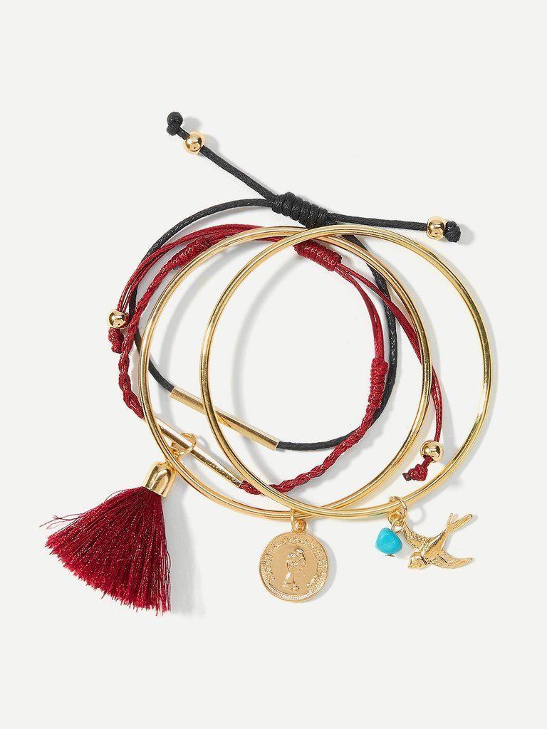 Bird & Tassel Detail Bracelets Set 4pcs--Des Mess