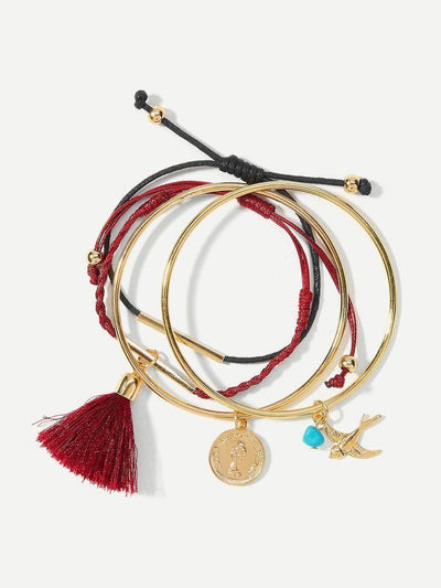 Bird & Tassel Detail Bracelets Set 4pcs--Des Mess