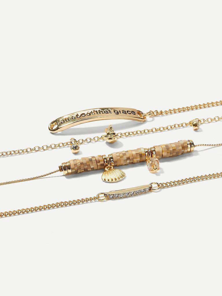 Shell & Letter Detail Chain Bracelet Set 4pcs--Des Mess