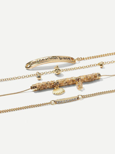 Shell & Letter Detail Chain Bracelet Set 4pcs--Des Mess