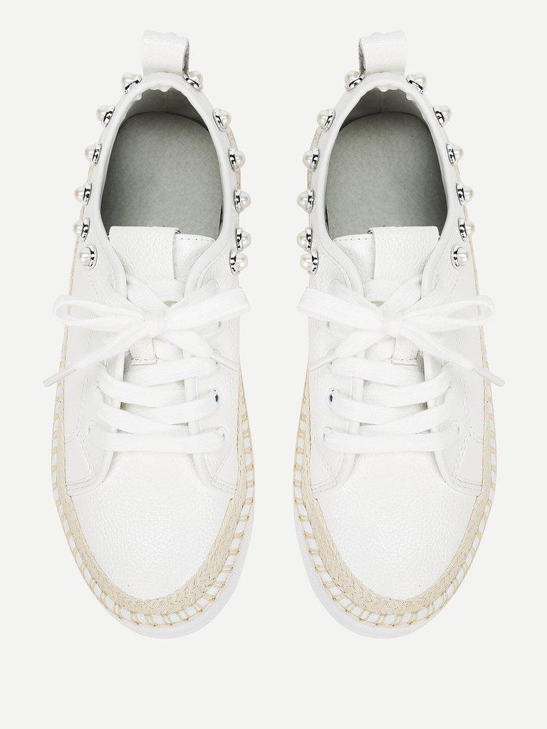 Faux Pearl Detail Lace Up Sneakers-shoes-Des Mess