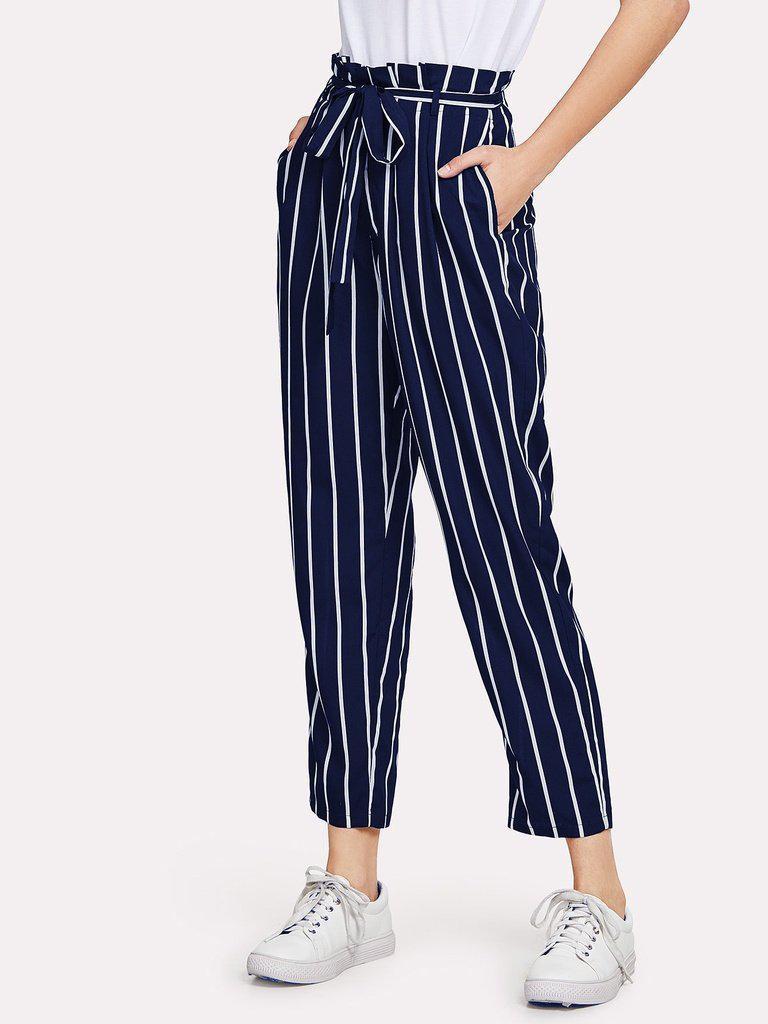 Frill Trim Waist Striped Tapered Pants-bottom-Des Mess