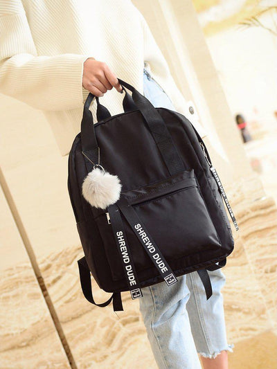 Slogan Ribbon & Pom Pom Decor Backpack-accessories-Des Mess