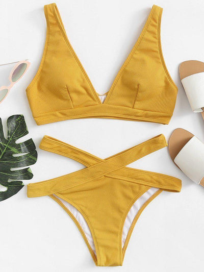 Crisscross Solid Ribbed Knit Bikini Set-swimwear-Des Mess
