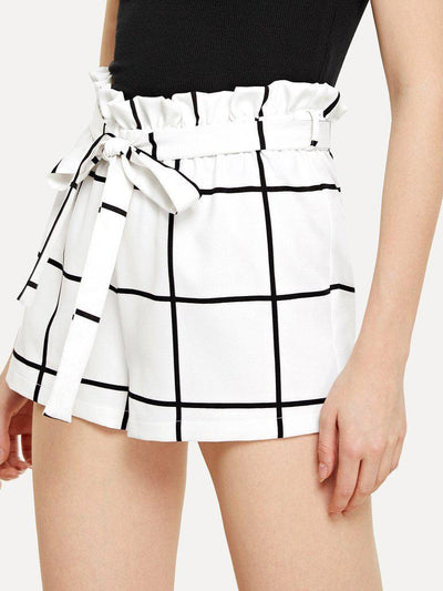 Belted Ruffle Waist Grid Shorts-bottom-Des Mess