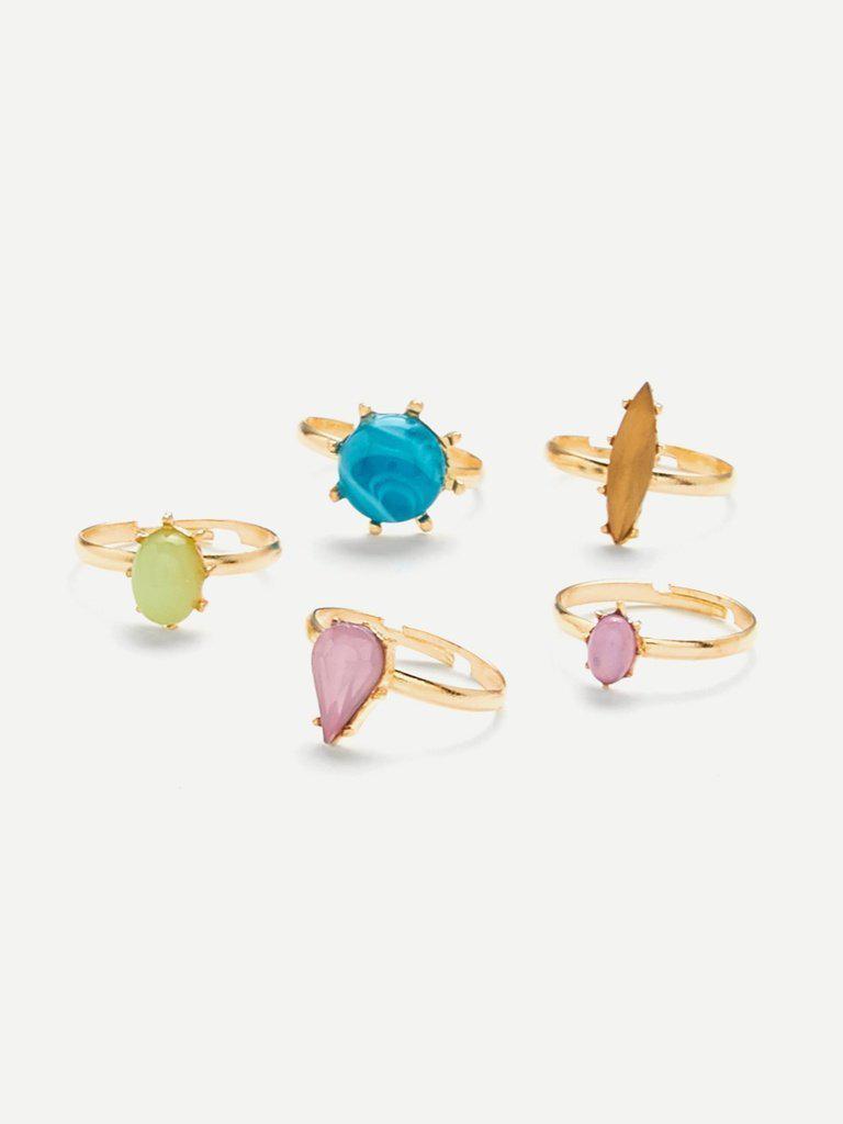 Geometric Rhinestone Design Ring Set 5Pcs-jewelry-Des Mess