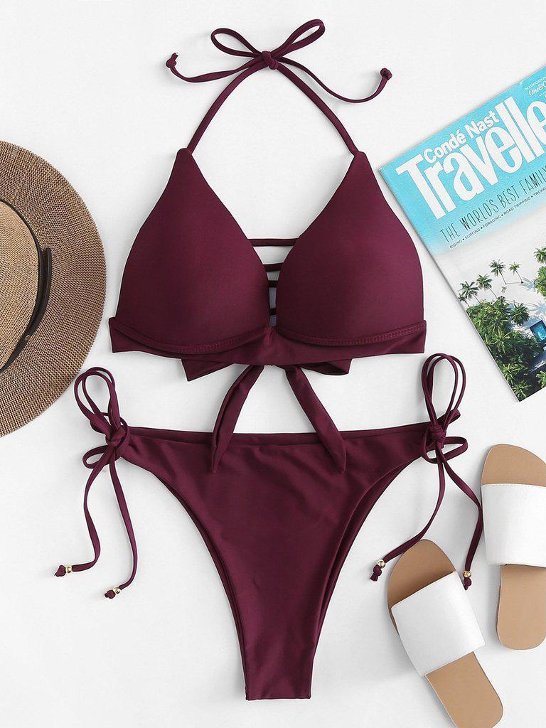 Self Tie Halterneck Strappy Bikini Set-swimwear-Des Mess