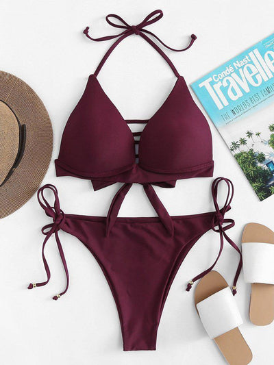 Self Tie Halterneck Strappy Bikini Set-swimwear-Des Mess