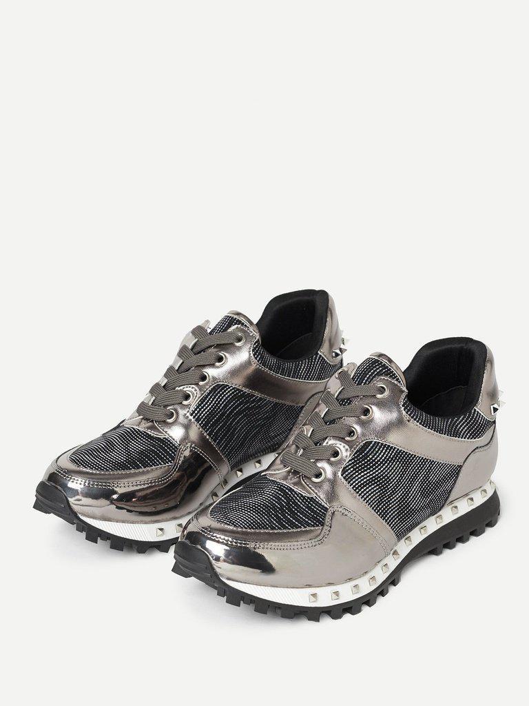 Studded Trim Metallic Panel Sneakers-shoes-Des Mess