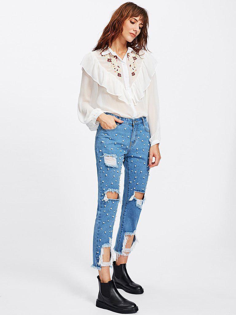 Pearl Beading Destroyed Jeans-bottom-Des Mess