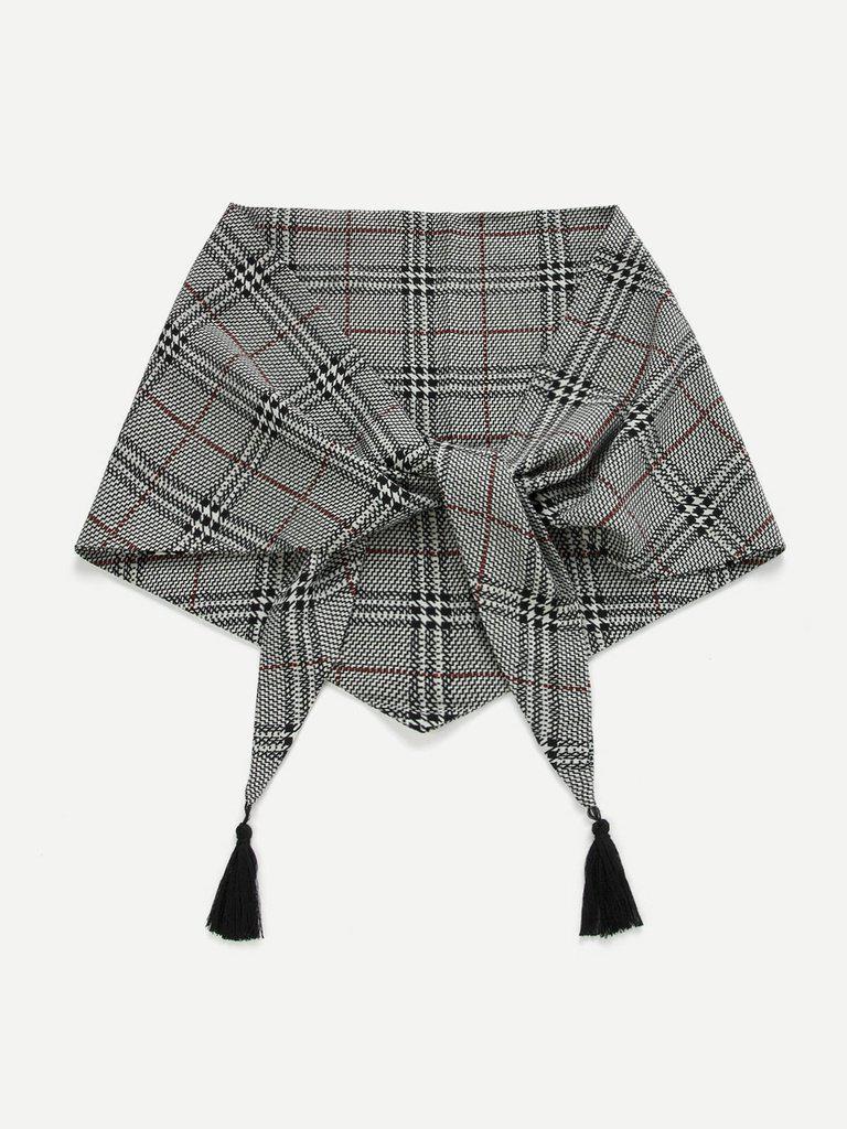 Plaid Print Twilly Scarf With Tassel-accessories-Des Mess