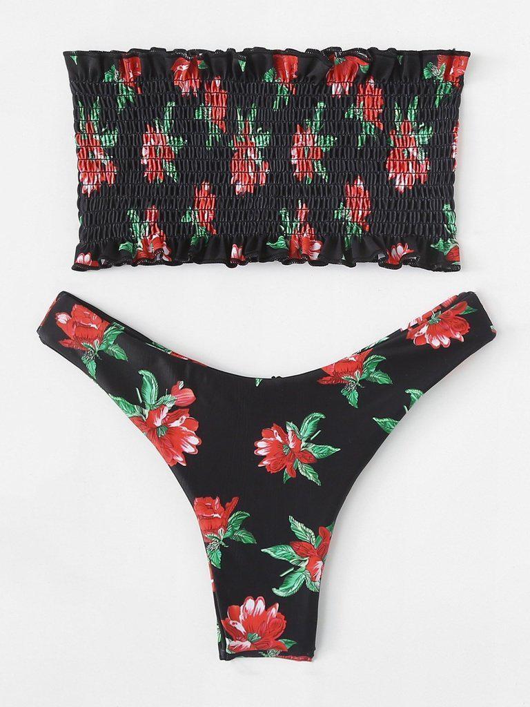 Floral Print Shirred Bikini Set-swimwear-Des Mess