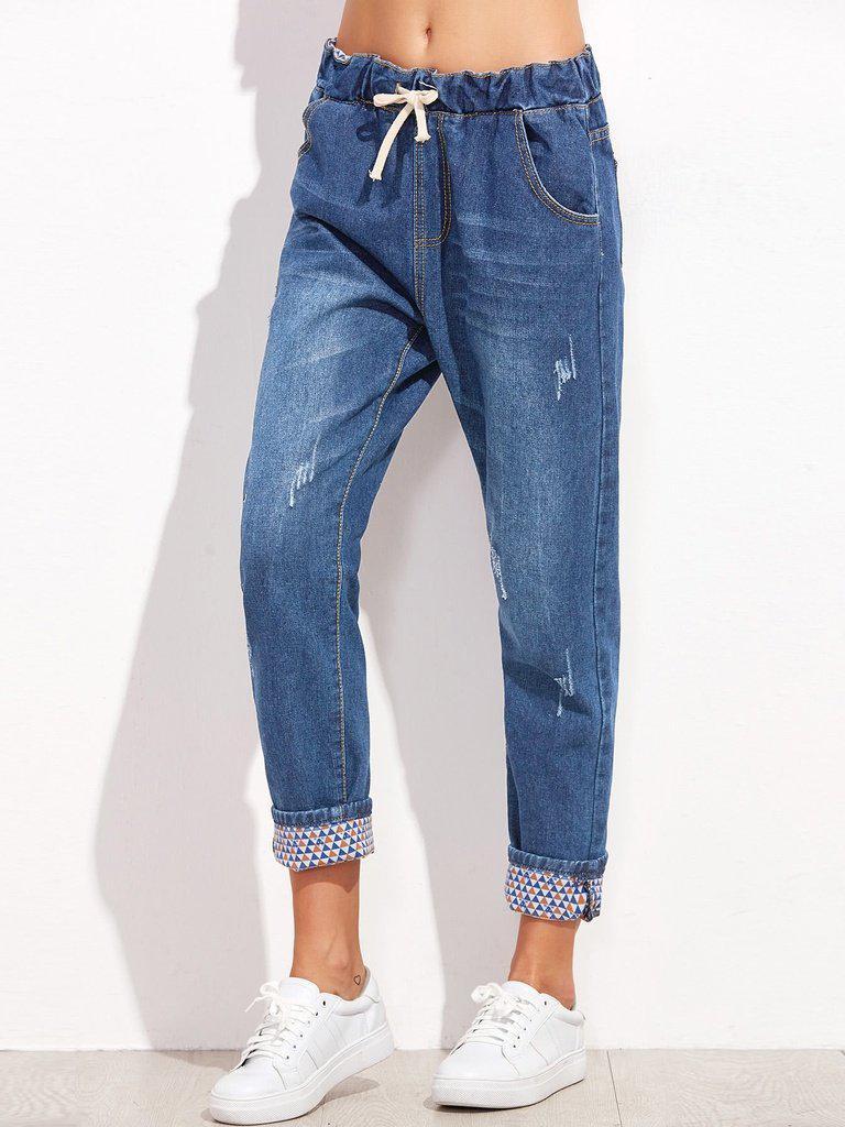 Drawstring Cuffed Jeans-bottom-Des Mess