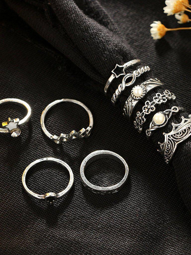 Flower And Star Detail Ring Set 11pcs-jewelry-Des Mess