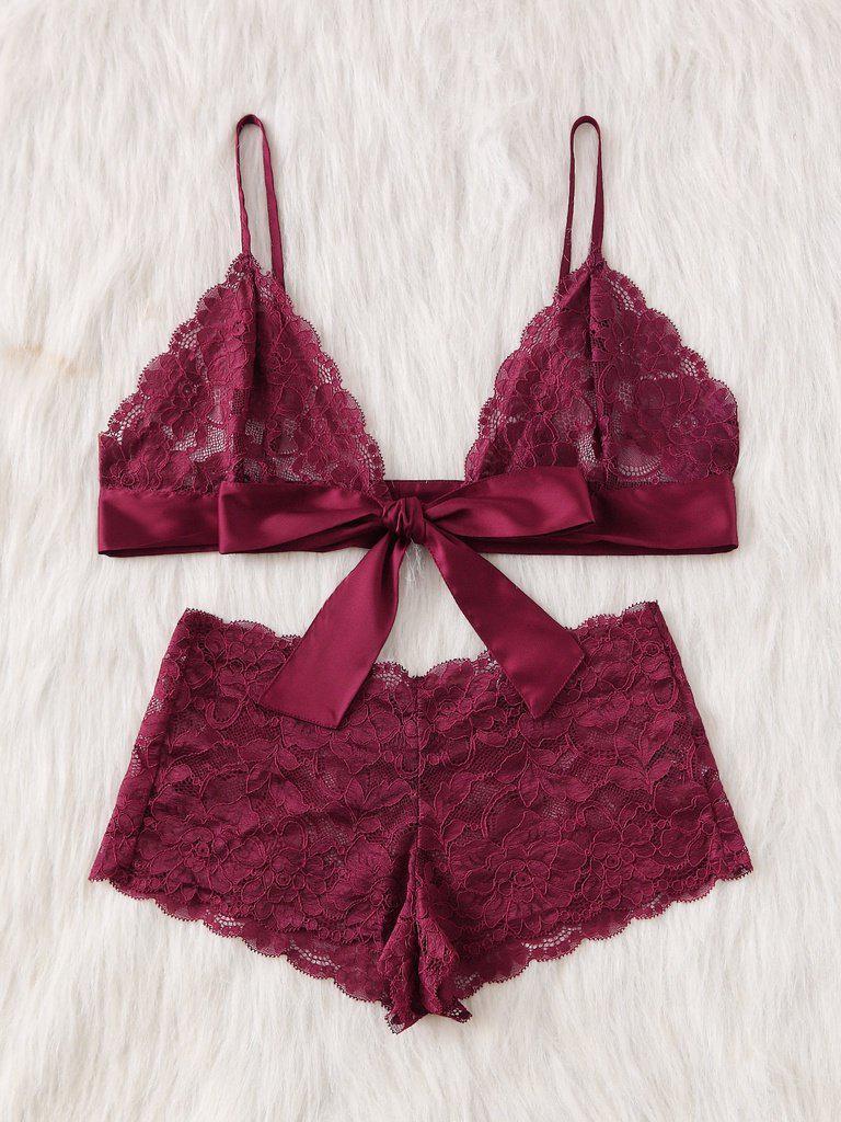 Tie Front Lace Bralette And Pantie Lingerie Set-lingerie-Des Mess