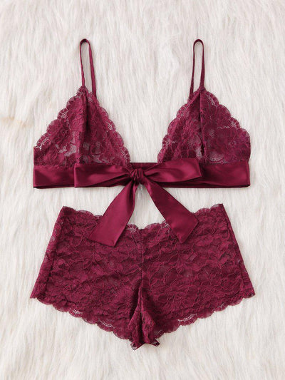 Tie Front Lace Bralette And Pantie Lingerie Set-lingerie-Des Mess