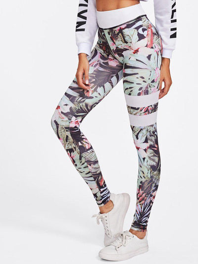 Floral Print Striped Skinny Leggings-bottom-Des Mess