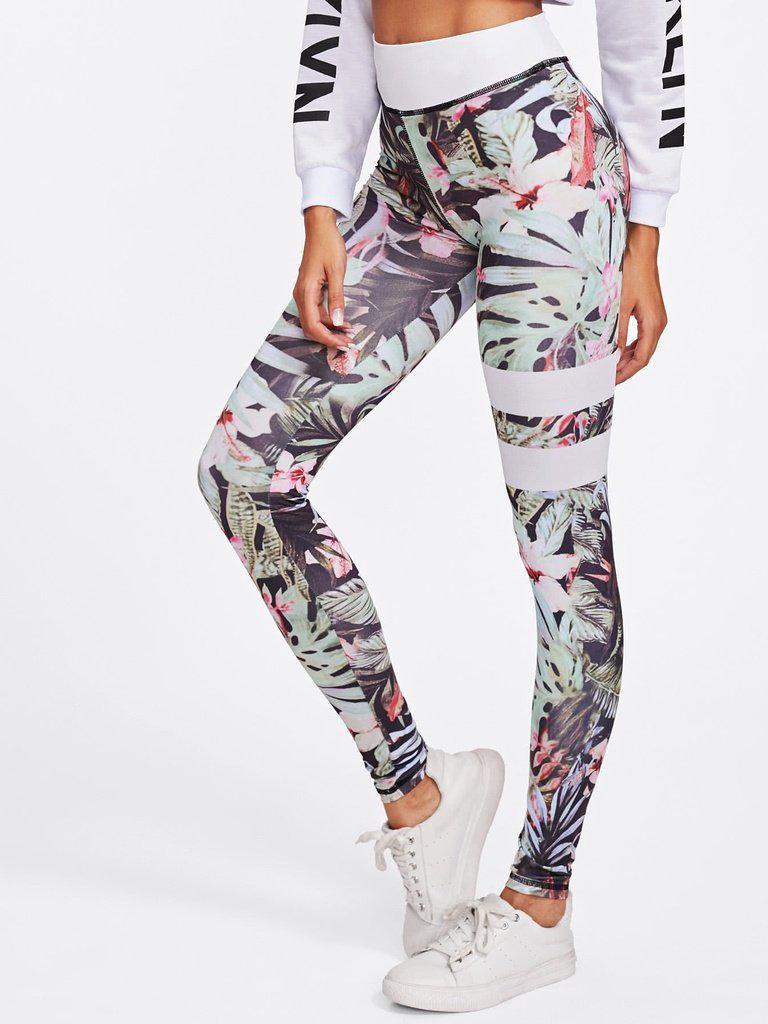 Floral Print Striped Skinny Leggings-bottom-Des Mess