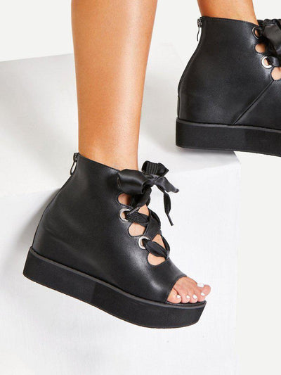 Criss Cross Bow Detail Platform Wedges-shoes-Des Mess