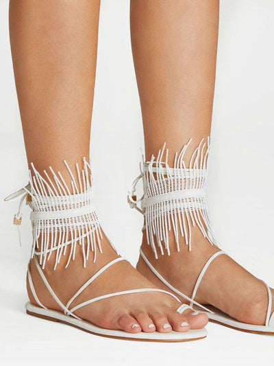 Fringe Detail Lace Up Sandals-shoes-Des Mess