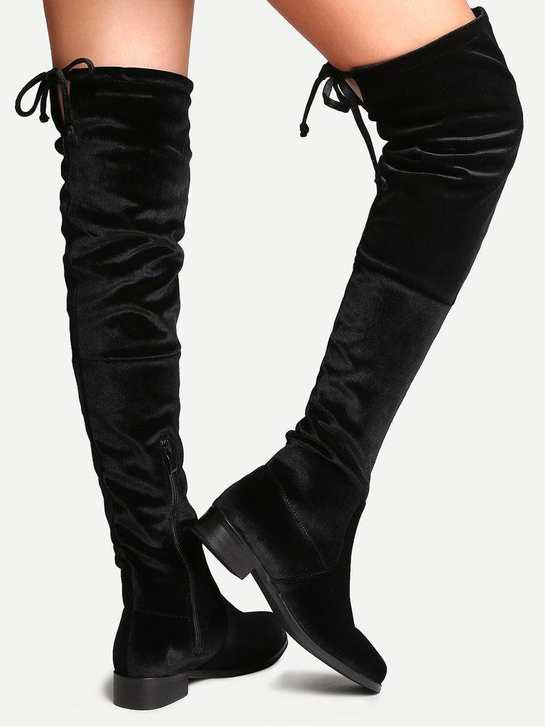 Black Faux Suede Side Zipper Tie Back Over The Knee Boots-shoes-Des Mess