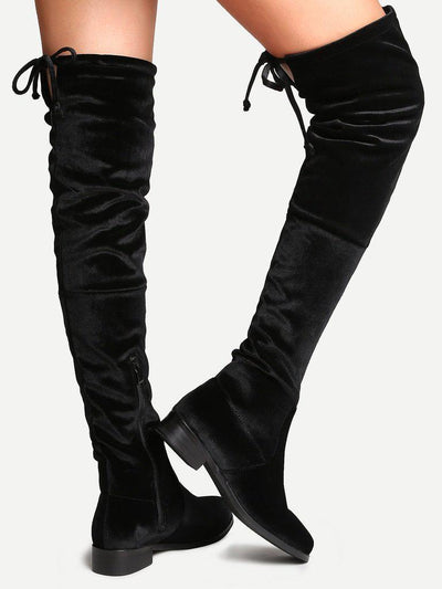 Black Faux Suede Side Zipper Tie Back Over The Knee Boots-shoes-Des Mess