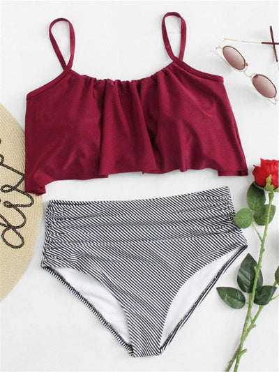 Flounce Striped Bikini Set-swimwear-Des Mess