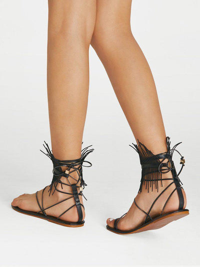 Fringe Detail Lace Up Sandals-shoes-Des Mess