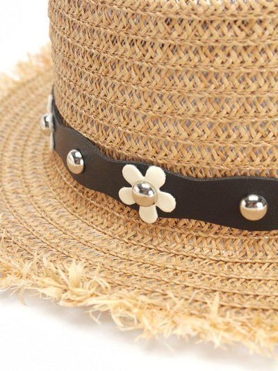 Flower Decorated PU Band Straw Hat-accessories-Des Mess