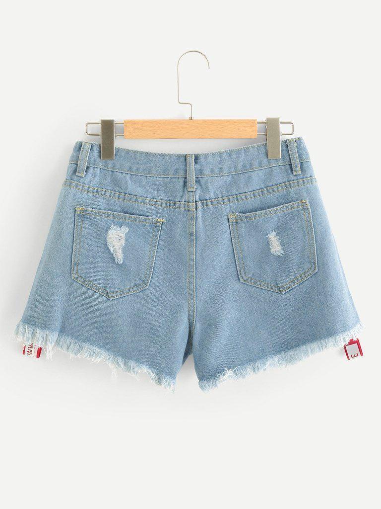 Letter Print Raw Hem Ripped Denim Shorts-bottom-Des Mess