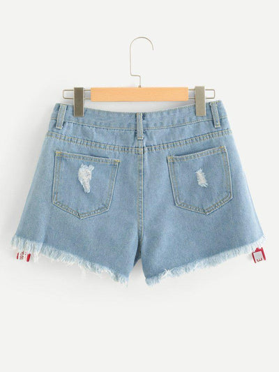Letter Print Raw Hem Ripped Denim Shorts-bottom-Des Mess
