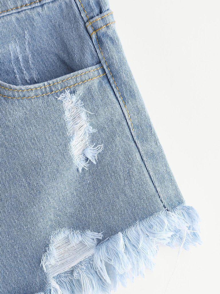 Distress Fray Hem Single Breasted Denim Shorts-bottom-Des Mess