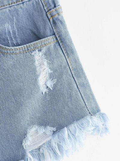 Distress Fray Hem Single Breasted Denim Shorts-bottom-Des Mess