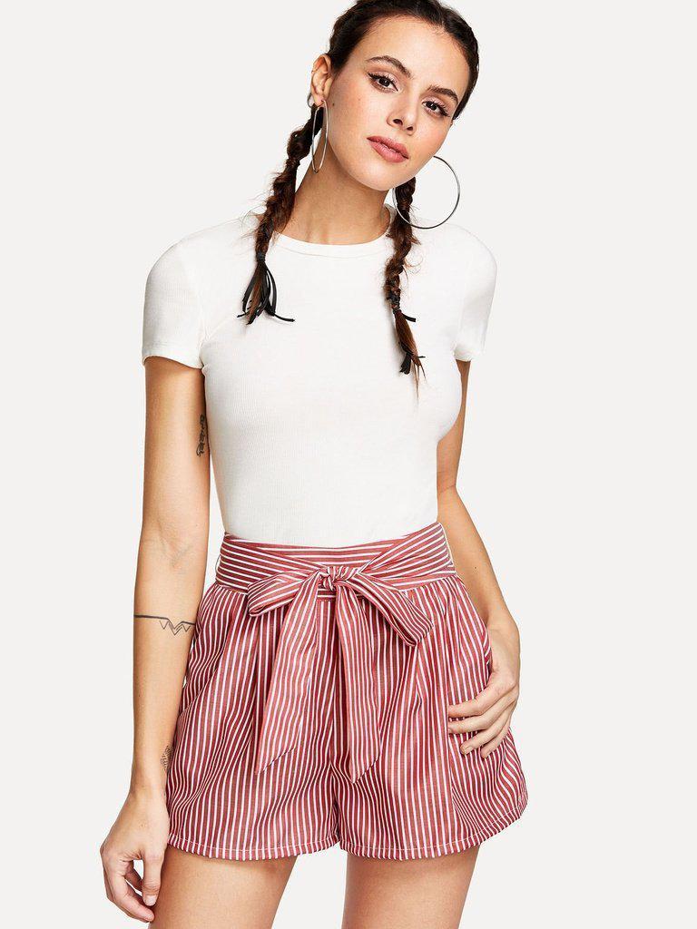 Self Tie Waist Striped Shorts-bottom-Des Mess