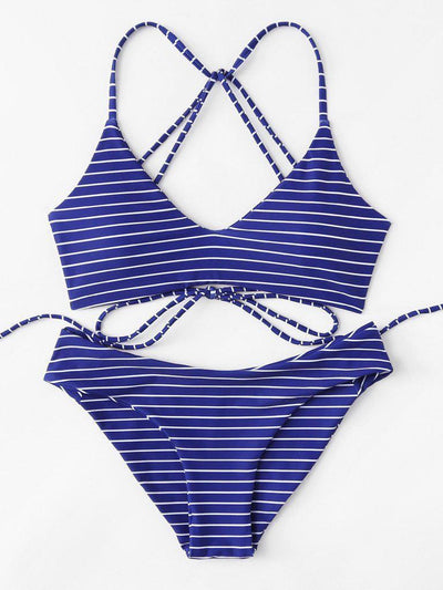 Striped Self Tie Bikini Set-swimwear-Des Mess