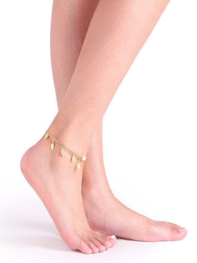 Gold Layered Pearl And Leaf Pendant Single Foot Chain-jewelry-Des Mess