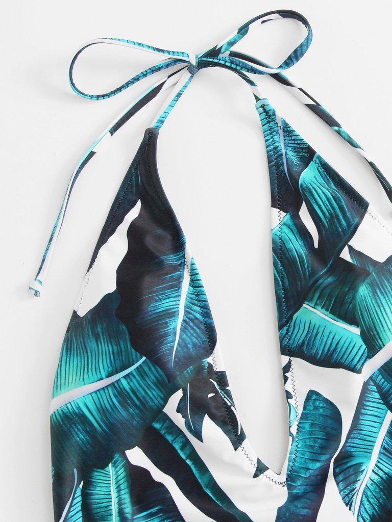 Jungle Leaf Print Plunge Halter Neck Swimsuit-swimwear-Des Mess