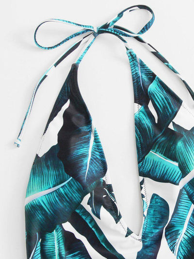 Jungle Leaf Print Plunge Halter Neck Swimsuit-swimwear-Des Mess